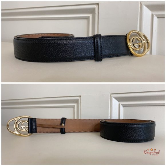 Authentic Gucci Black Pebbled Leather Gold Interlocking G Buckle Belt 80/32 main image 5